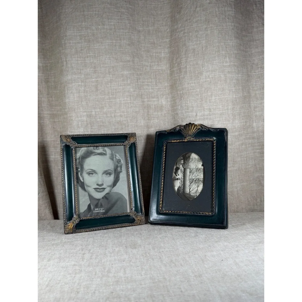 Picture Frame Set Good Vintage Forest Green Gold Ornate Shell 5x7 Tabletop